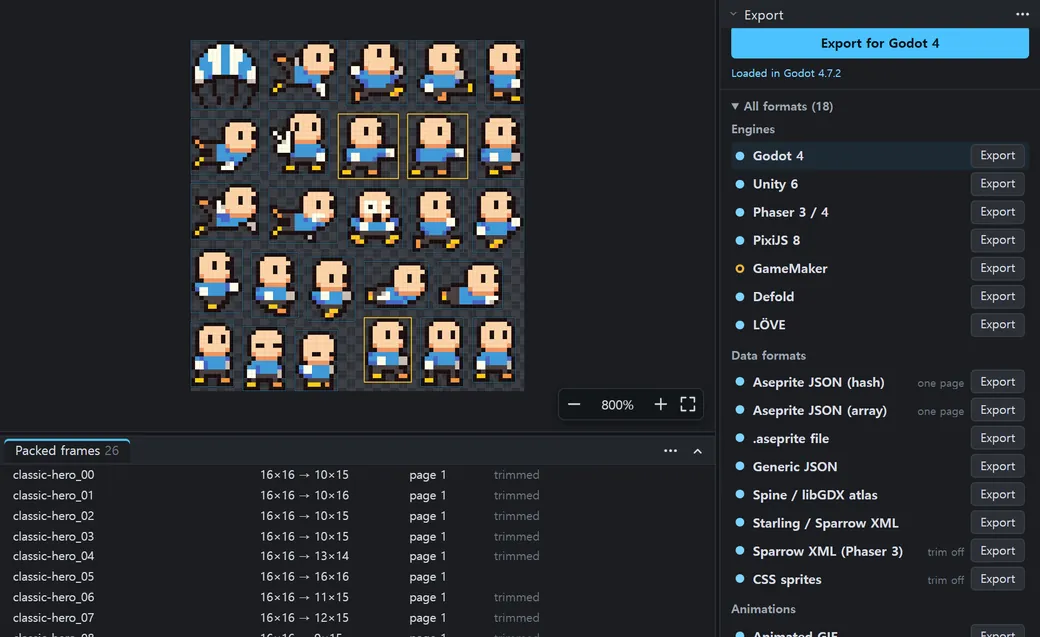 The real Pack & Export workspace: the same 26 frames trimmed and packed, ready to export for Godot 4.