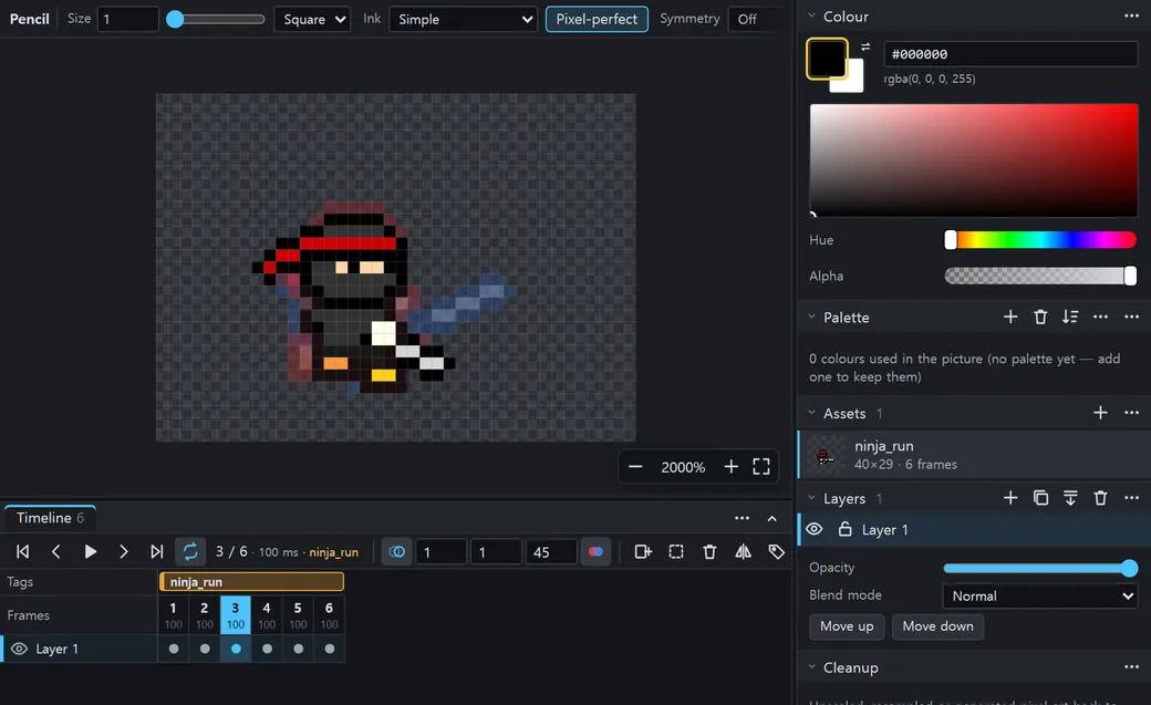 The real Pixel workspace: six CC0 ninja run frames by DezrasDragons, frame 3 open with onion skin.